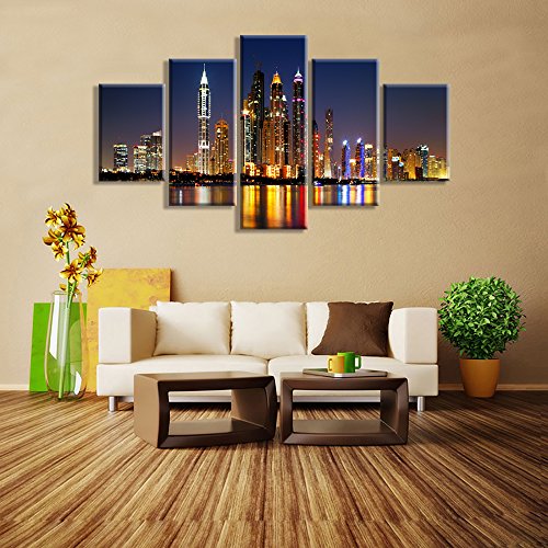 VIIVEI 5 Panel Large HD Printed Painting Dubai Night City View Wall Art