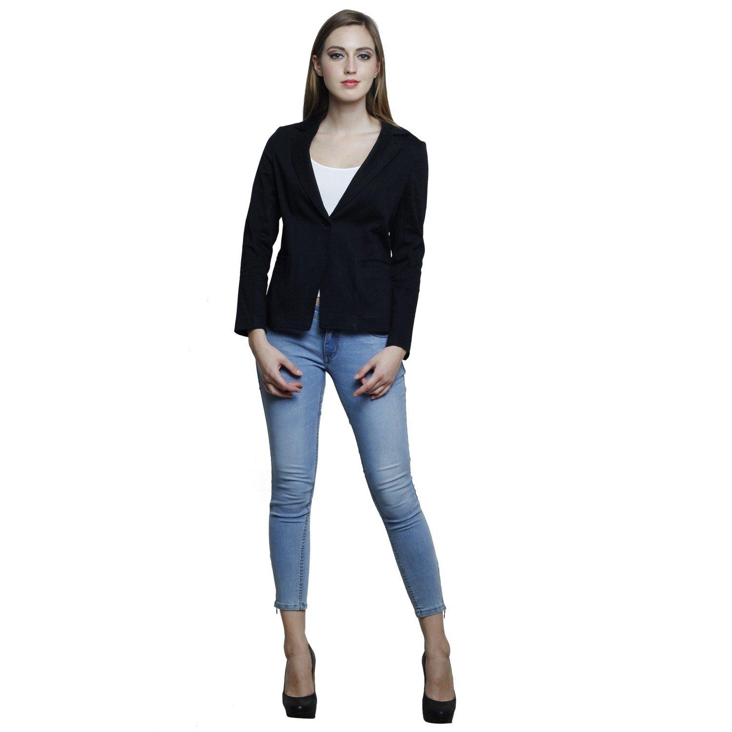 trendsnu solid black women's full sleeves blazer