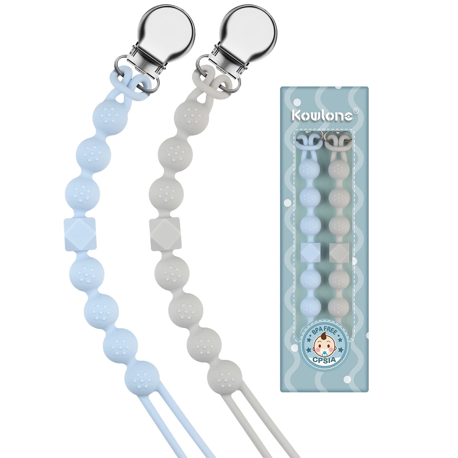 Kowlone Dummy Clips Boys Girls Silicone Soother Pacifier Chain Flexible Binky Holder Set with Texture for Teething Baby Unisex Newborn Dummies 1-Piece Design(Pastel Blue,Glacier Grey)