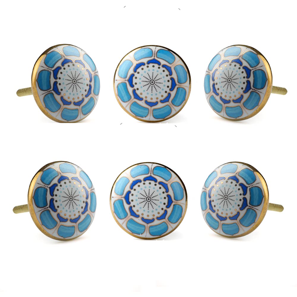 Perilla Home Set of 6 Ceramic Knobs Decorative Merigold Knobs for Home Kitchen Cabinet Hardware Cupboard Door Dresser Wardrobe and Drawer Pulls (Light Blue)