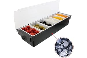 InciFuerza 6 Tray Condiment Server with Lid, Ice Cooled Condiment Dispenser Serving Container Chilled Garnish Tray Bar Caddy 