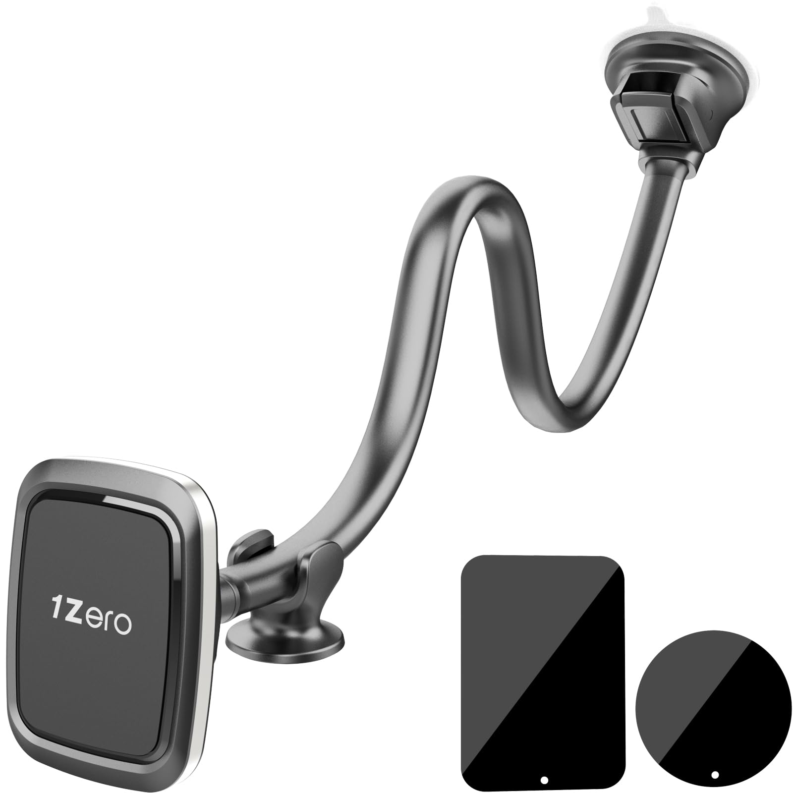 1Zero Magnetic Phone Car Mount 14-Inch Gooseneck Long Arm Extension, Universal Windshield Dashboard Industrial-Strength Suction Cup Car Phone Holder for All Cell Phones (Magnetic Phone Mount)