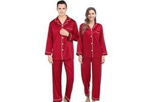 SWOMOG Couples Matching Silk Satin Pajamas Set Long Sleeve Sleepwear Soft Button Down Loungewear 2 Pcs Pj Set