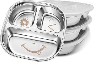 TAOceeXI Stainless Steel Kids Plate with Lid | 3-Pack Durable Divided Toddler Plates | BPA-Free, Non-Toxic & Dishwasher-Safe | Snack Container for Kids，Splash-Proof Design