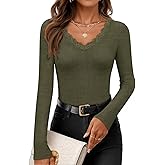 ZESICA Women's Long Sleeve Lace V Neck Fall Shirts Slim Fit Going Out Tops Ribbed Knit Dressy Business Casual Blouses