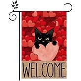 Valentines Day Garden Flag 12x18 Inch Double Sided Outside, Black Cat Love Hearts Truck Welcome Anniversary Yard Outdoor Flag