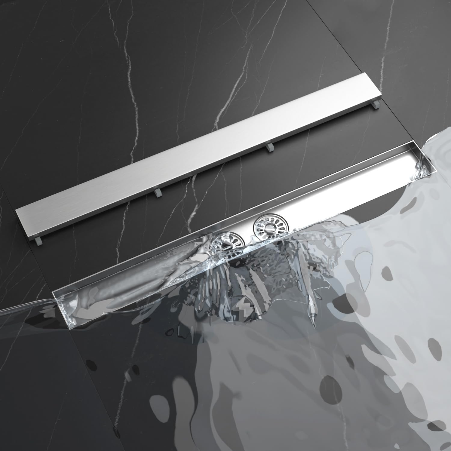 Neodrain Linear Shower Drain 80 cm Stainless Steel Floor Drain with 2 Outlets, 360° Siphon Drain Flat with Odour Stop, Hair Strainer for Bathroom