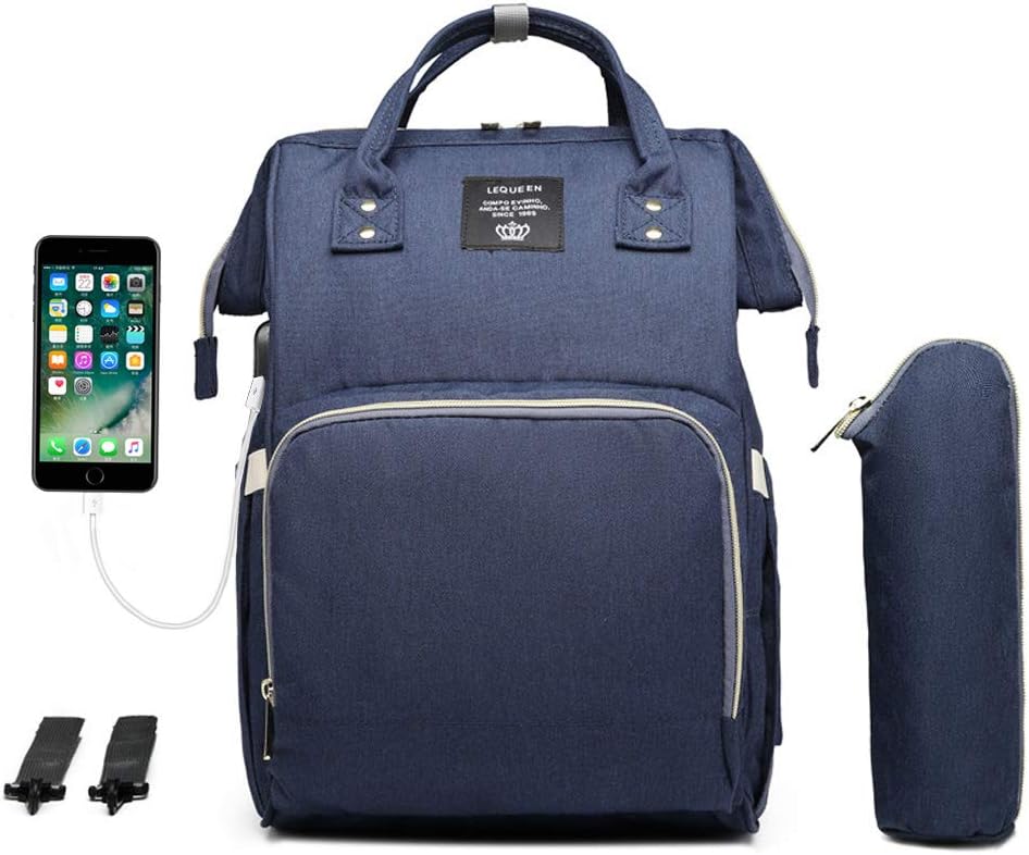 LEQUEEN Diaper Bag Multi-function Baby Diaper Backpack Nappy Bags, Mom Dad Travel Backpack Large Capacity Baby bags (USB Charging Port - Navy Blue)
