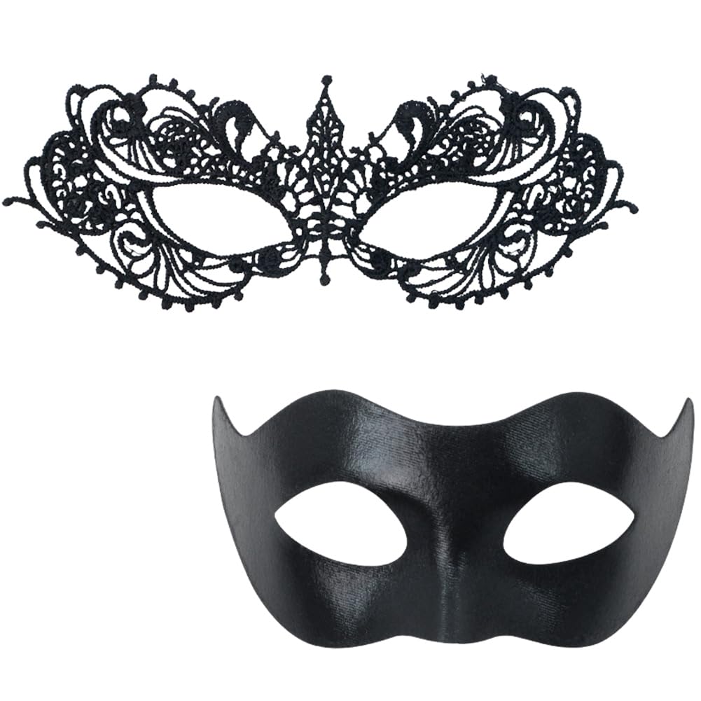 WFKKMEQ Masquerade Mask Couples Set, 2PCS Venetian Party Mask Masque Costume Dress Party Accessories Cosplay Venetian Masks Fancy Dress Accessories for ​Venetian Masquerade Carnival Dress(Black) — image 1