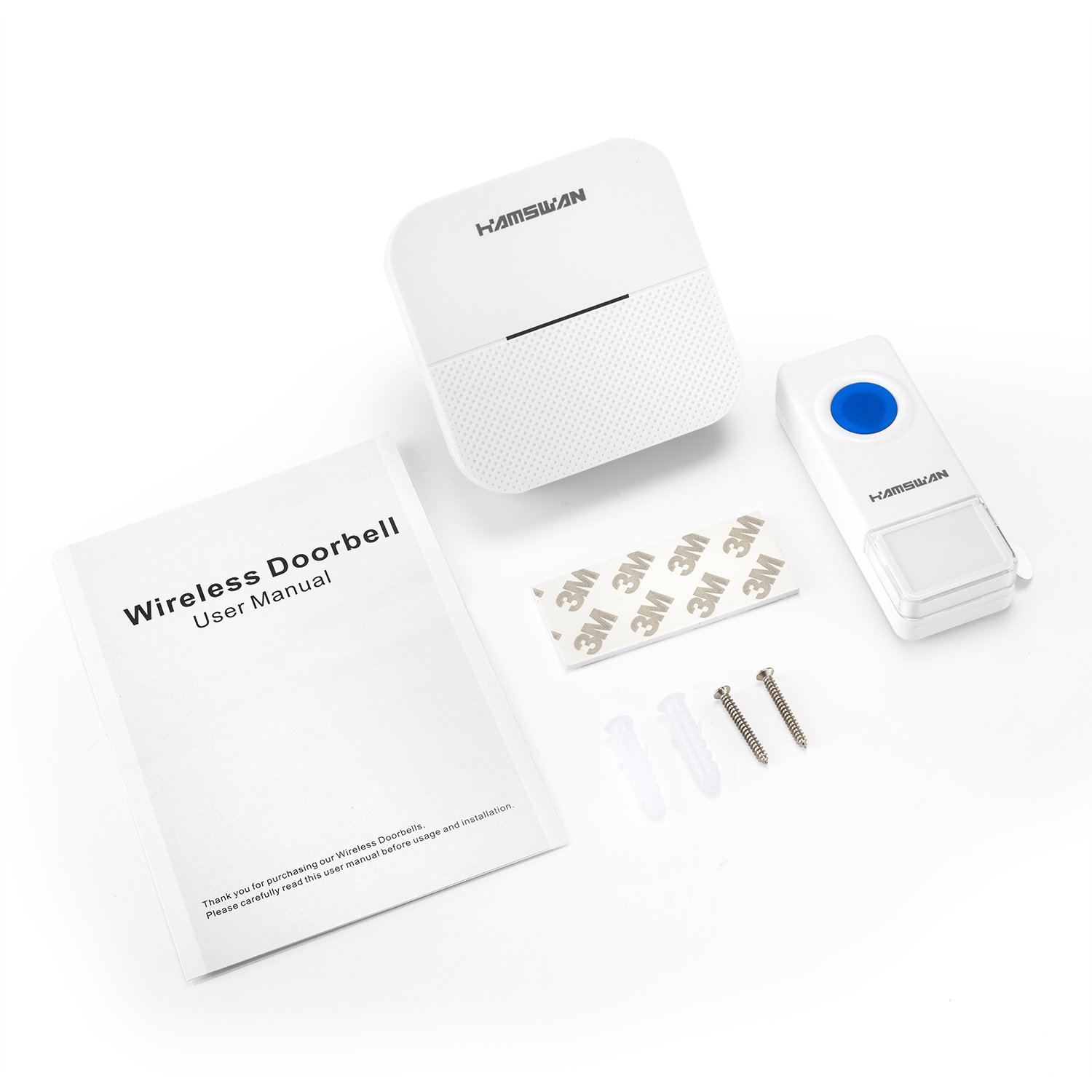 HAMSWAN Wireless Doorbell, Waterproof Ring Doorbell Kit Operating at 900 feet Range with 52 Chimes 4 level Volume Push Button, No Batteries Required for Receivers