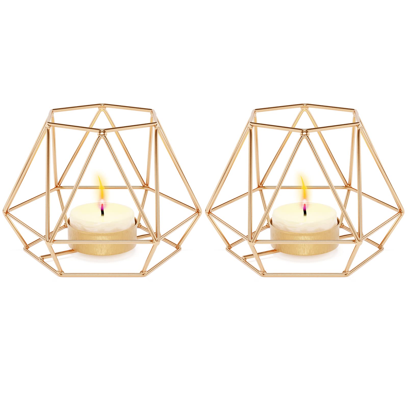 MoYouno 2Pcs Tea Light Candle Holders Set Home Decor, Metal Hollow Iron Decorative Candle Lanterns Holder, Ornament for Living Room, Wedding, Party, Events, Gold