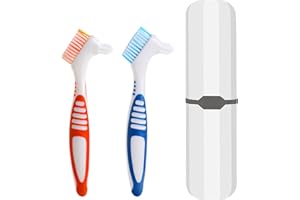 EXEXIUO 2Pcs Denture Cleaning Brush with Case Travel False Teeth Toothbrush with Multi-Layered Soft Bristles Effective Denture Cleaner Brushes Kit Ergonomic Rubber Handle