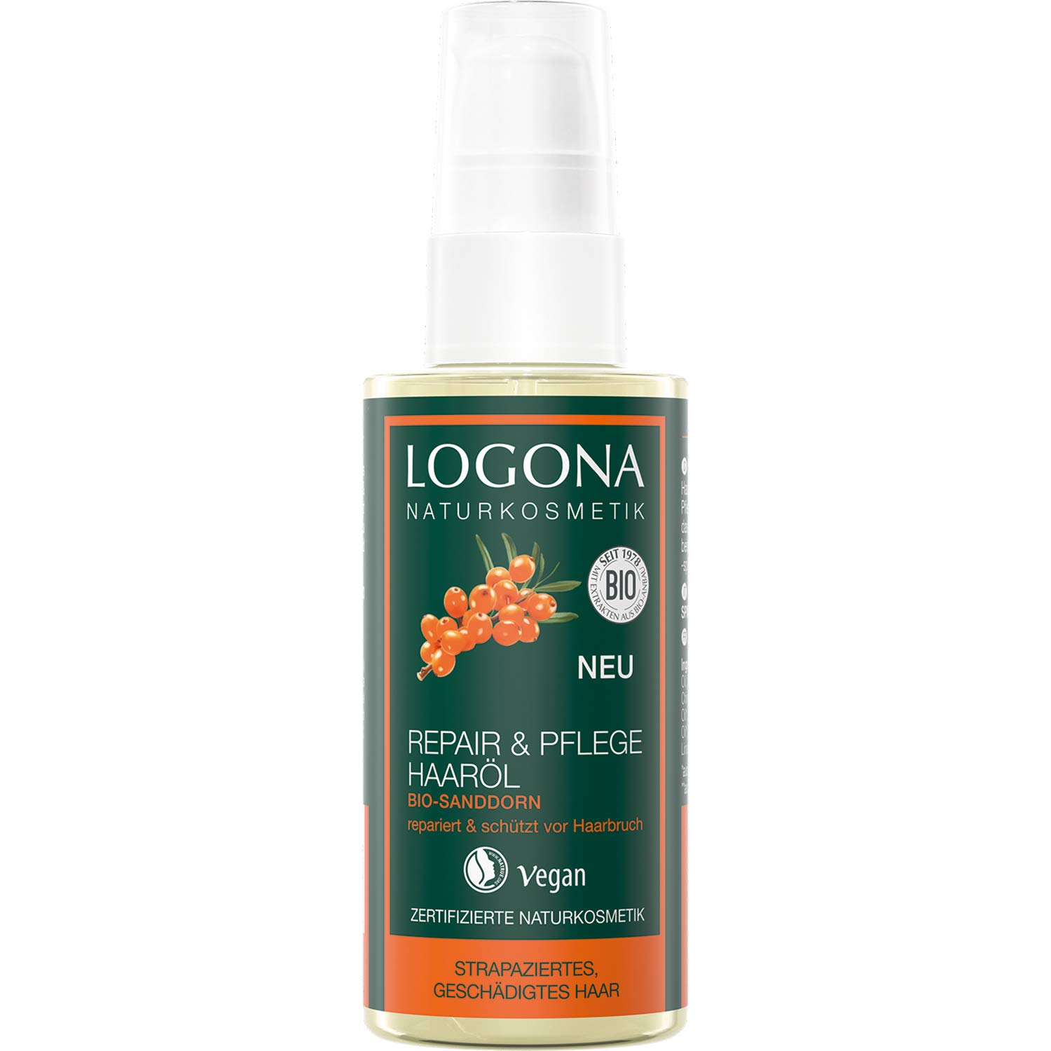 LOGONA Naturkosmetik & Care Hair Oil Organic Sea Buckthorn Intesive Care for Dry, Damaged Hair, Reaperted, 75 ml