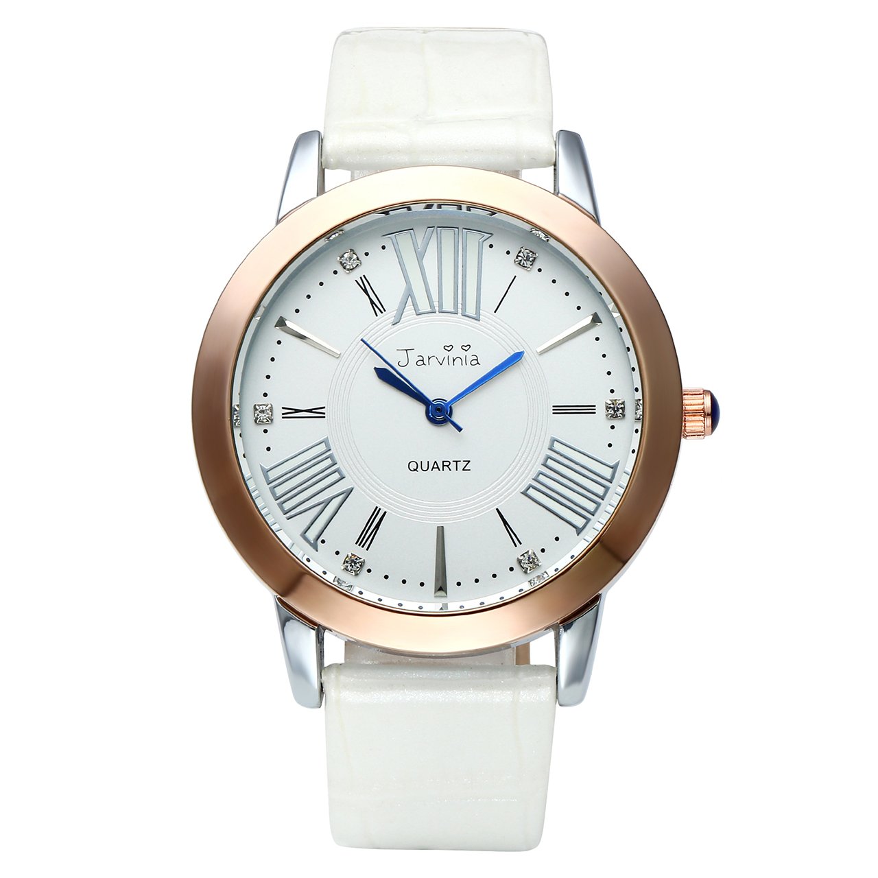 JSDDE Uhren,Elegant Frauen Armbanduhr Strass R?misch Ziffern Damenuhr Echtleder Armband Analog Qaurzuhr J565M,Weiss