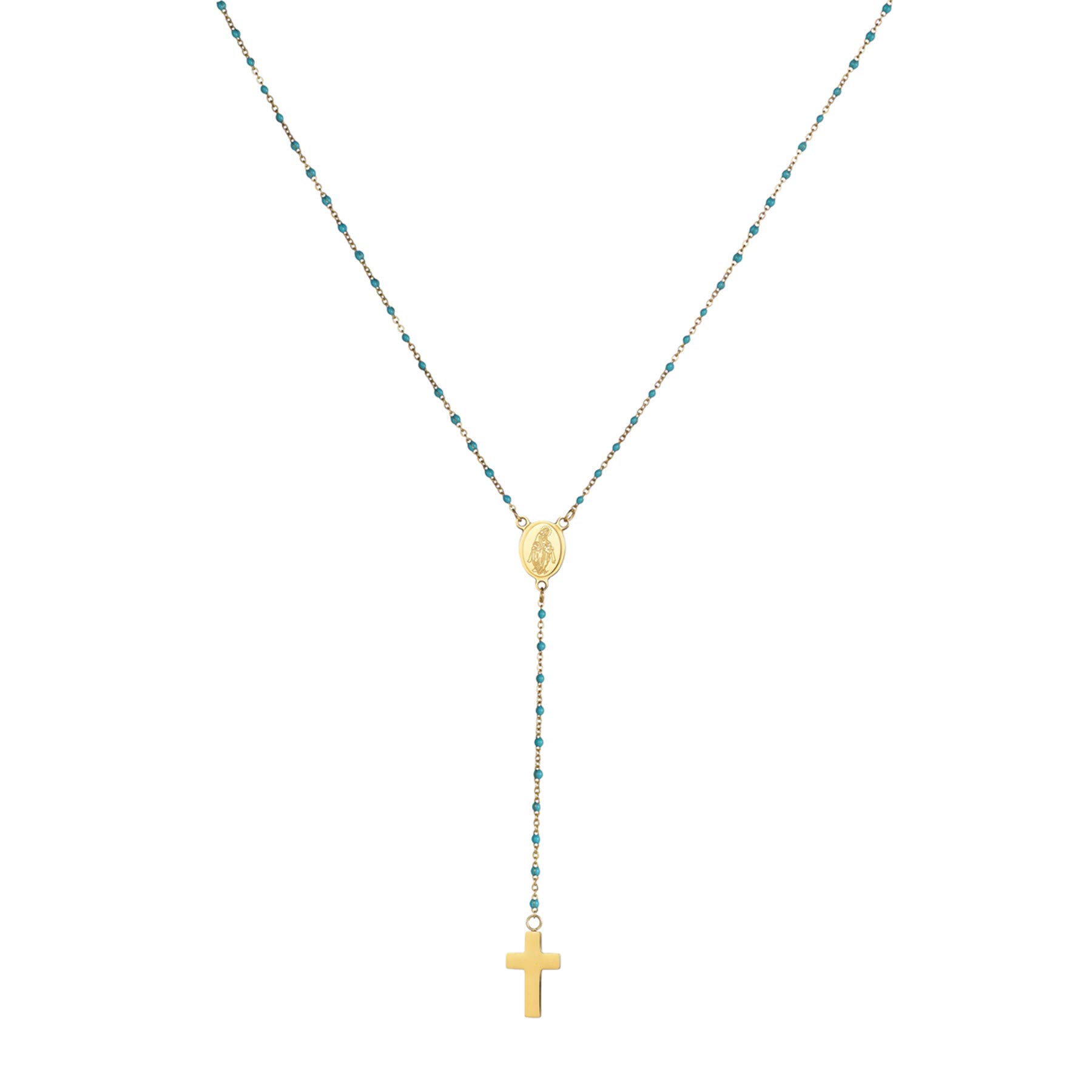JewelryWe Rosary Bead Necklace Virgin Mary Medal Cross Crucifix Pendant Charm Stainless Steel Link Chain Necklace for Women
