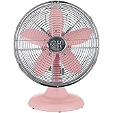 Good Housekeeping 92606 All-Metal 12" Retro Desk Office Table Fan with Wide Oscillation, 3-Speed Settings & Carrying Handle, Pink