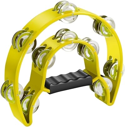 Flexzion Tambourine Half Moon Metal Jingles Double Row Yellow 25cm 23cm Handle