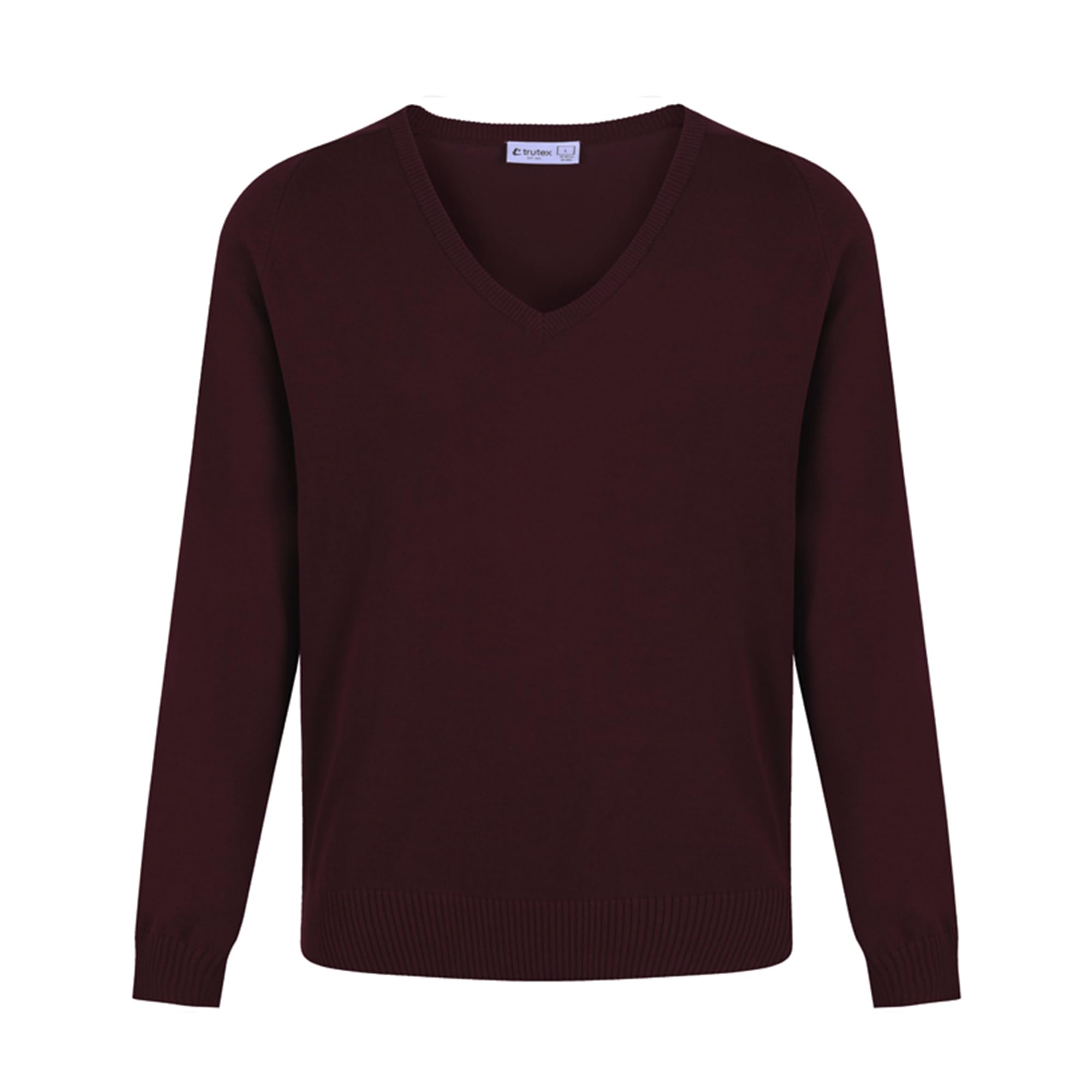 Trutex Plain V Neck Jumper, 100% Cotton, Unisex, Standard Fit, Long Sleeve Kids School Jumpers (XX-Large, Maroon)