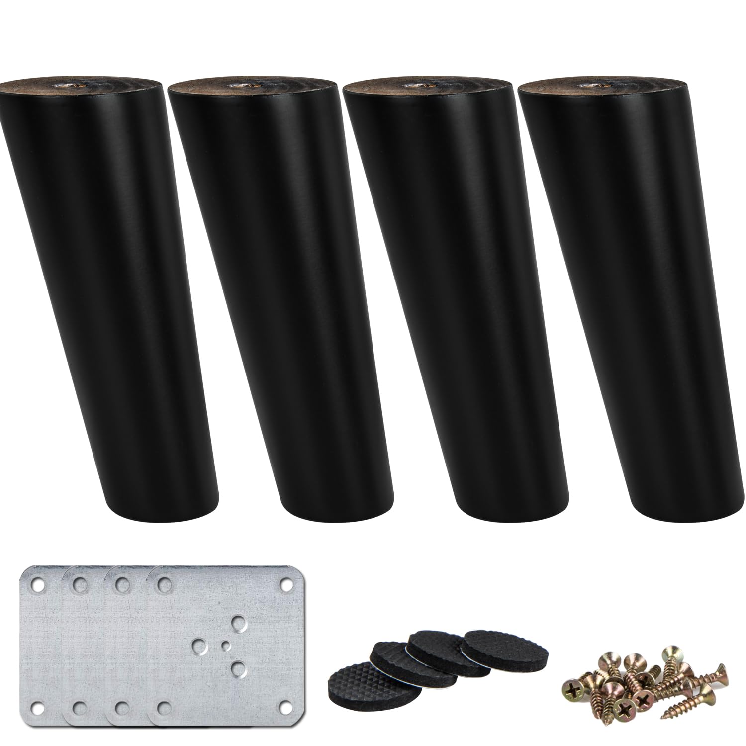 La Vane 4 inch / 10cm Wooden Furniture Legs, 4PCS Soild Wood Oblique Tapered Black Replacement Feet with Mounting Plate for Couch Sofa Cabinet TV Stand Armchair