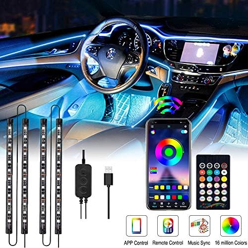 Bligli Interior Car Strip Lights, 4pcs 48 LED Multicolor Waterproof Car Lights with USB Port, Music Car Lighting Kits with Sound Active Function & App Remote Control, DC 5V