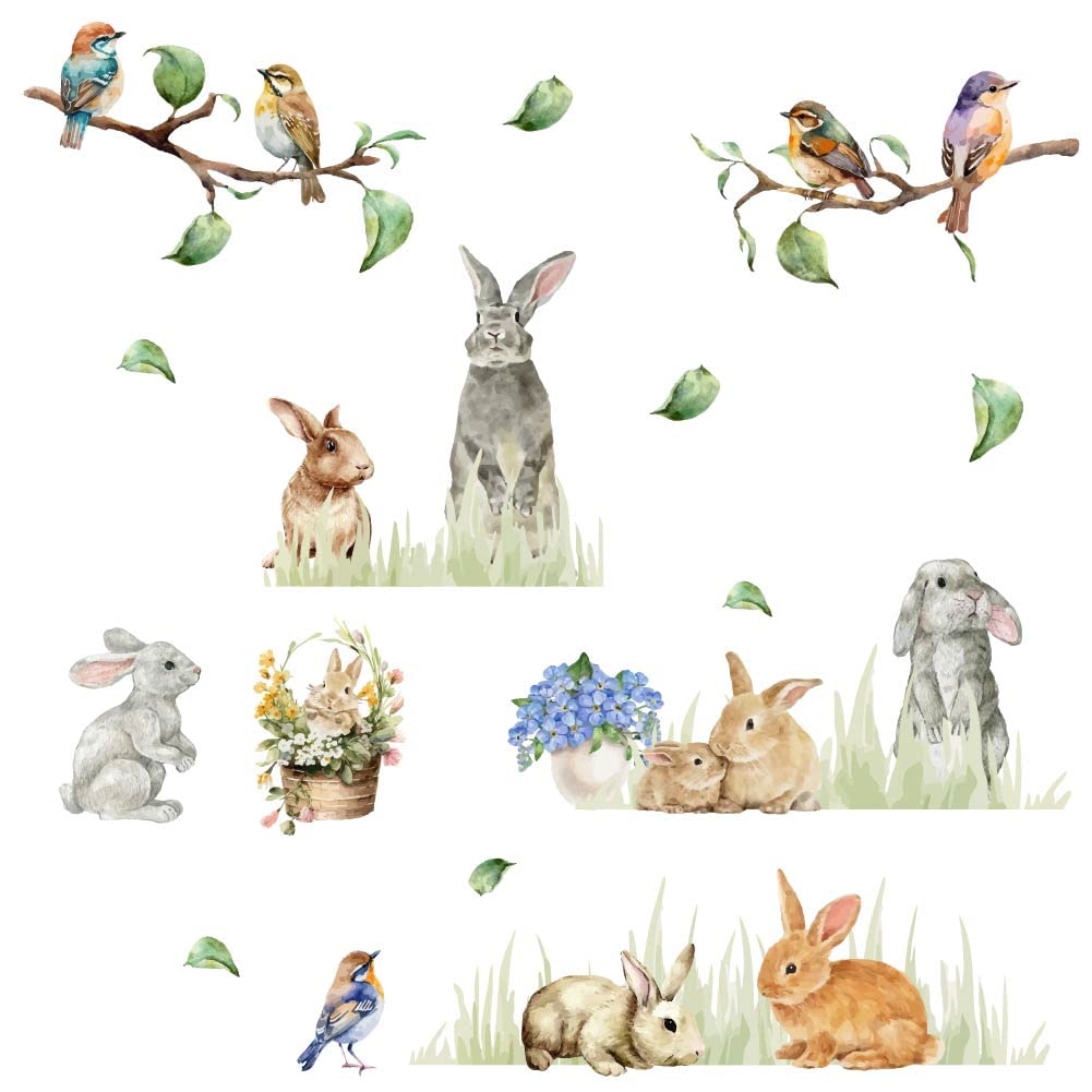 SUPERDANT Rabbit Wall Stickers Birds Wall Decals Animal Decals Stickers for Walls Removable Vinyl Art Rabbit Picures for Nursery Kid's Room Playroom Decoration