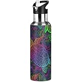 Qilmy Sport Water Bottle with Straw Lid Vacuum Insulated Stainless Steel Thermo Flask Mandala Sea Turtle Water Bottle 20 oz