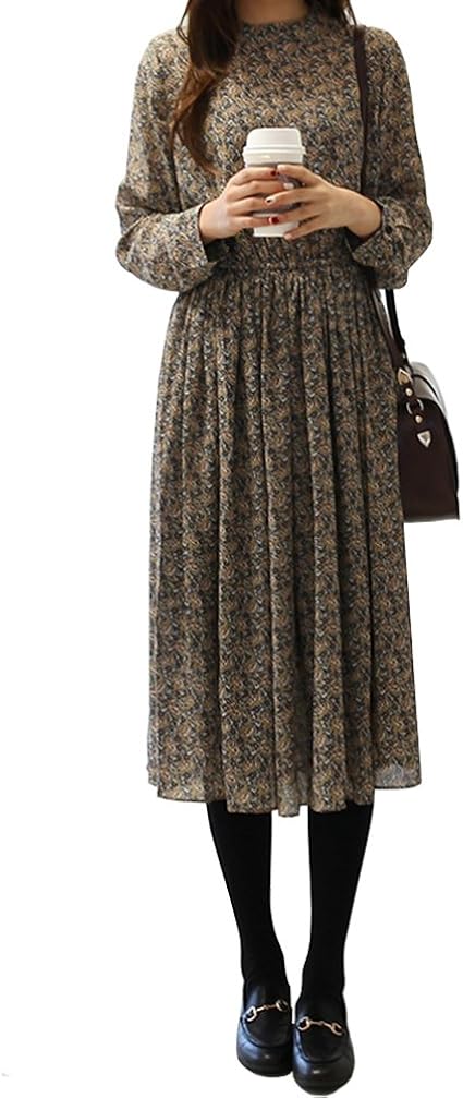 Amazon Daily Nj Ww11 ノーブランド品 花柄大人気 レトロワンピース 肌触り抜群 フェミニン 長袖 柄 ハーフネック プリーツ ワンピース 腰紐 オールシーズン 韓国ファッション ブラック ワンピース チュニック 通販