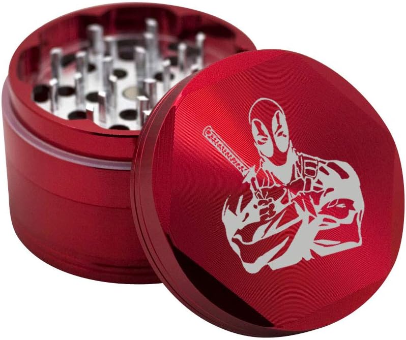 Deadpool 4-Piece Metal Herb & Spice Grinder with Pollen Catcher and FREE Scraper - 2.5 Inch (Red)