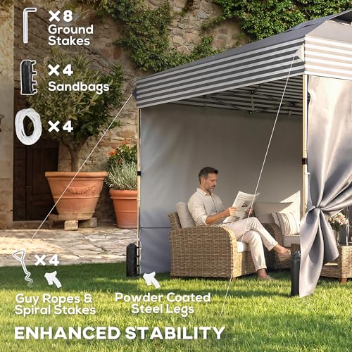 Outsunny 10 x 10 ft Pop Up Canopy Tent with 4 Sidewalls, UPF 50+ Easy 1-Button Push Setup Outdoor Instant Shelter Portable with Wheeled Carry Bag, 4 Sandbags, Dark Grey