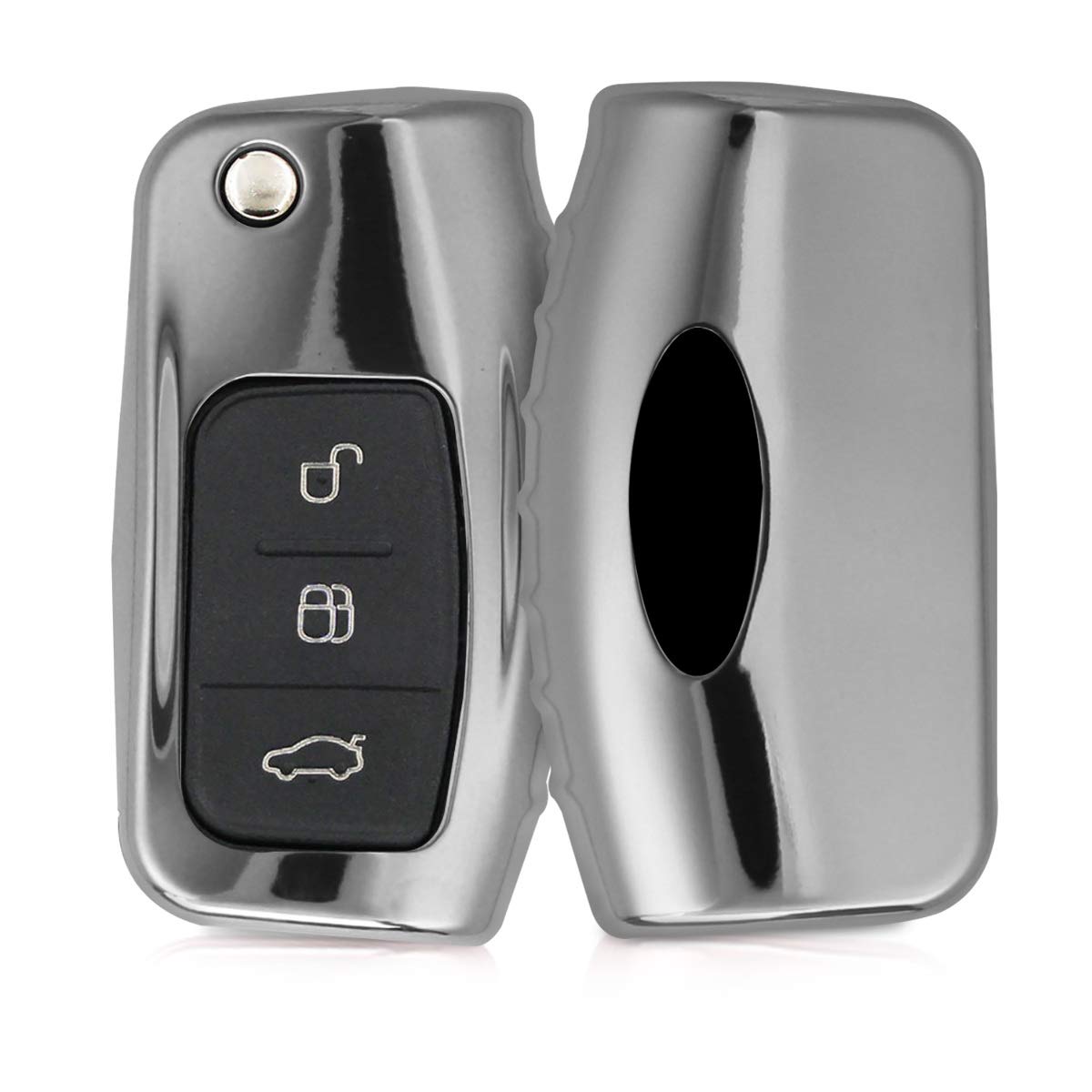 kwmobile Car Key Cover Compatible with Ford 3 Button Car Flip Key - Soft TPU Fob Cover for Car Keys - Silver High Gloss