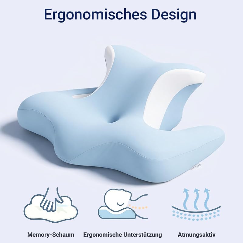 Nackenstützkissen aus Memory-Schaum – orthopädisches ergonomisches Schmetterlingskissen mit Ohrloch & Armauflage, Kopfkissen für Seitenschläfer, waschbarer Bezug, Himmelblau