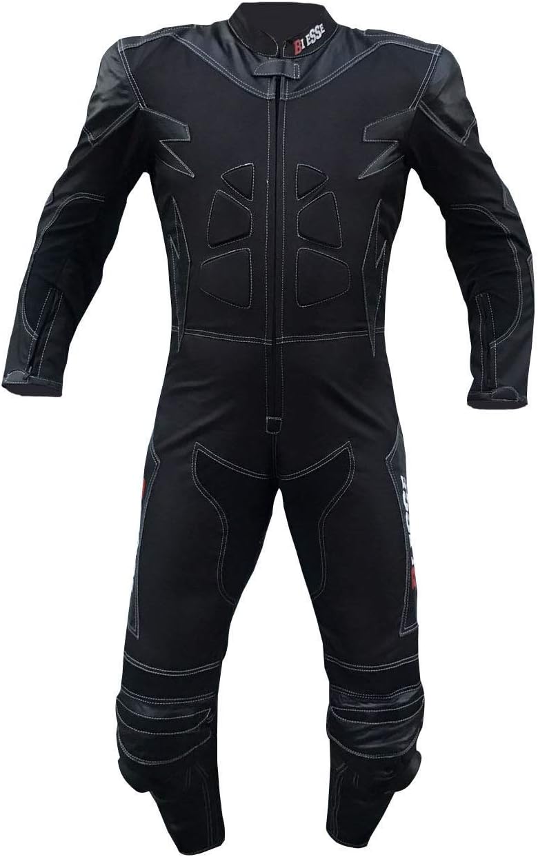 BIESSE Leather and Fabric Motorcycle Suit, Ideal for Road Long Travel, Touring, Pit-bike, Black Colour, Size XS - 4XL, Complete with Hump and CE Certified Hard Protectors XL Black