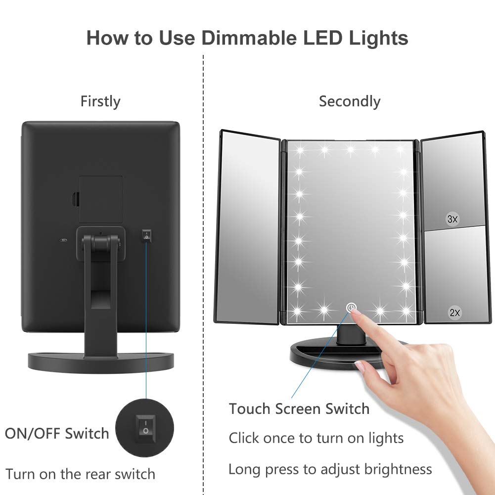 WEILY Makeup Vanity Mirror with 21 Led Lights, Trifold Dual Power Magnifying LED Lighted Cosmetic Mirrors (Black) : Beauty