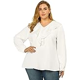 Agnes Orinda Women's Plus Size Ruffle Blouse Chiffon V Neck Work Office Long Sleeve Shirt Tops
