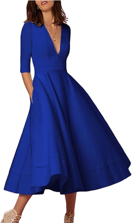 OMZIN Women's Elegant Swing Dress Vintage Dress with Pockets Deep V Neck Neck Dress Amazon.ca