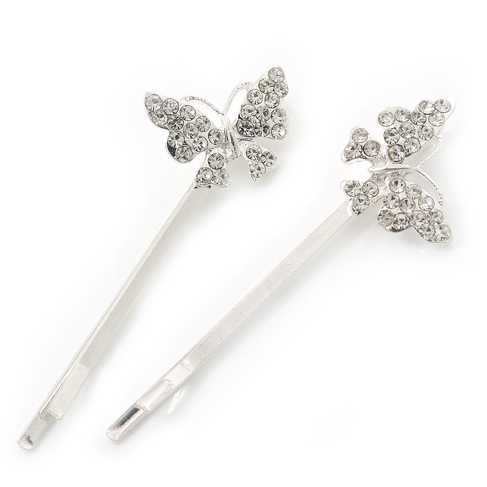 2 Rhodium Plated Clear Crystal Butterfly Hair Grips/Slides - 55mm Across
