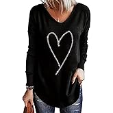 Rhinestone Heart V Neck Shirts Womens Funny Heart Printed Pattern Pullover Casual Loose Long Sleeve Tunic Shirt Tops