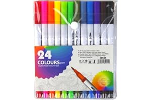 24 Colors Dual Tip Water-Based Art Markers for Adults – Fineliner Tip & Brush Pens for Drawing, Coloring Books, Lettering, Bu