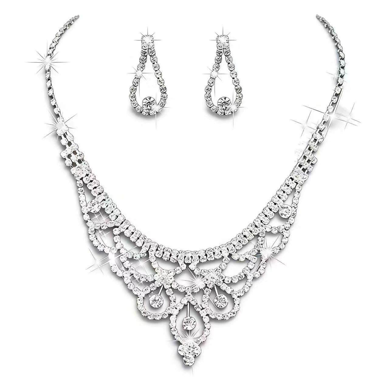 Wedity Bride Wedding Crystal Necklace Earrings Set Silver Bridal Crown Choker Necklaces Jewelry