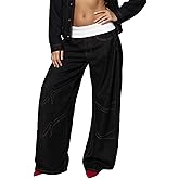 Ptorlio Womens Wide Leg Jeans Baggy Low Rise Y2K Stretchy Streetwear Color Block Denim Pants Trendy