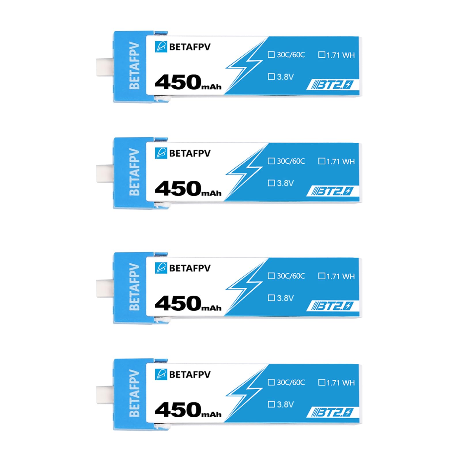 BETAFPV 4pcs BT2.0 450mAh 1S Battery 3.8V 30C/60C FPV Lipo with BT2.0 Connector for FPV Tiny Whoop 1S Brushless Whoop Drone like Meteor75 Cetus Pro FPV Kit Cetus X FPV Kit
