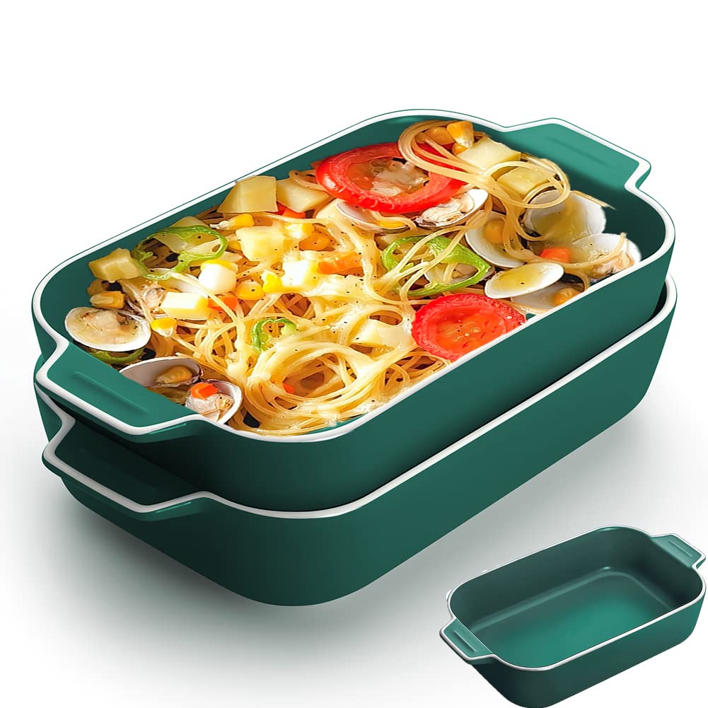YFWOOD 2PCS Ceramic Baking Dishes, 9x5 Inch Individual Lasagne Pans, Anti-Crack Oven Safe with Handles (Green)