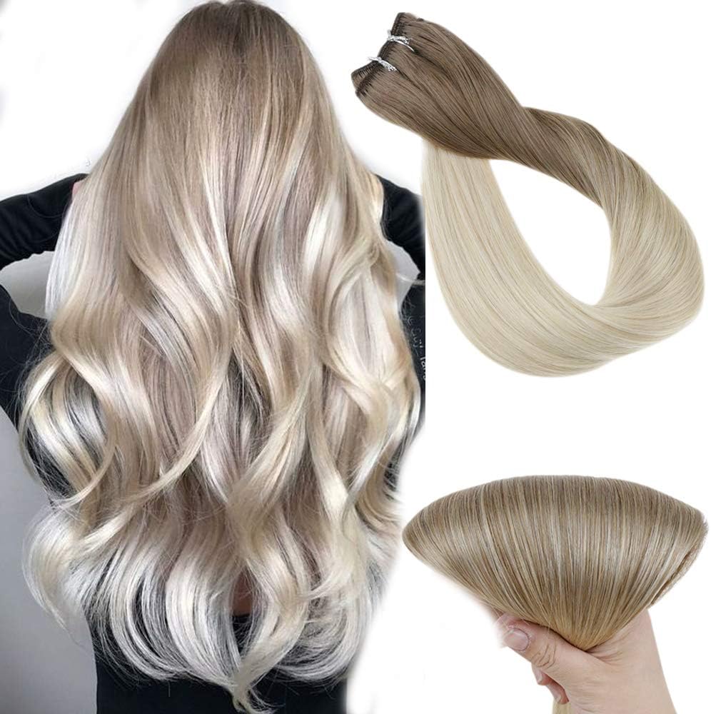 EasyouthBalayage Weft Hair Extensions Human Hair Double Weft Extensions Light Brown to Platinum Blonde Ombre Sew in Extensions Ombre Hair 18 Inch 100g