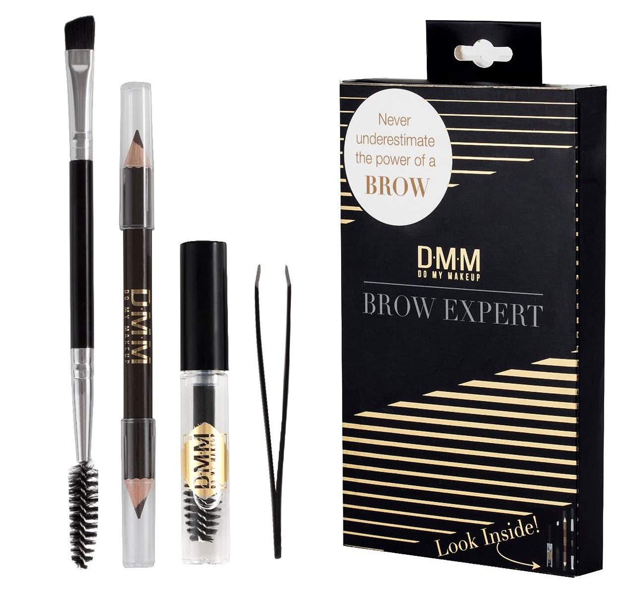 DMM Brow Expert Kit Eyebrows Double Sided Pencil Brush Gel Tweezers Set Brown