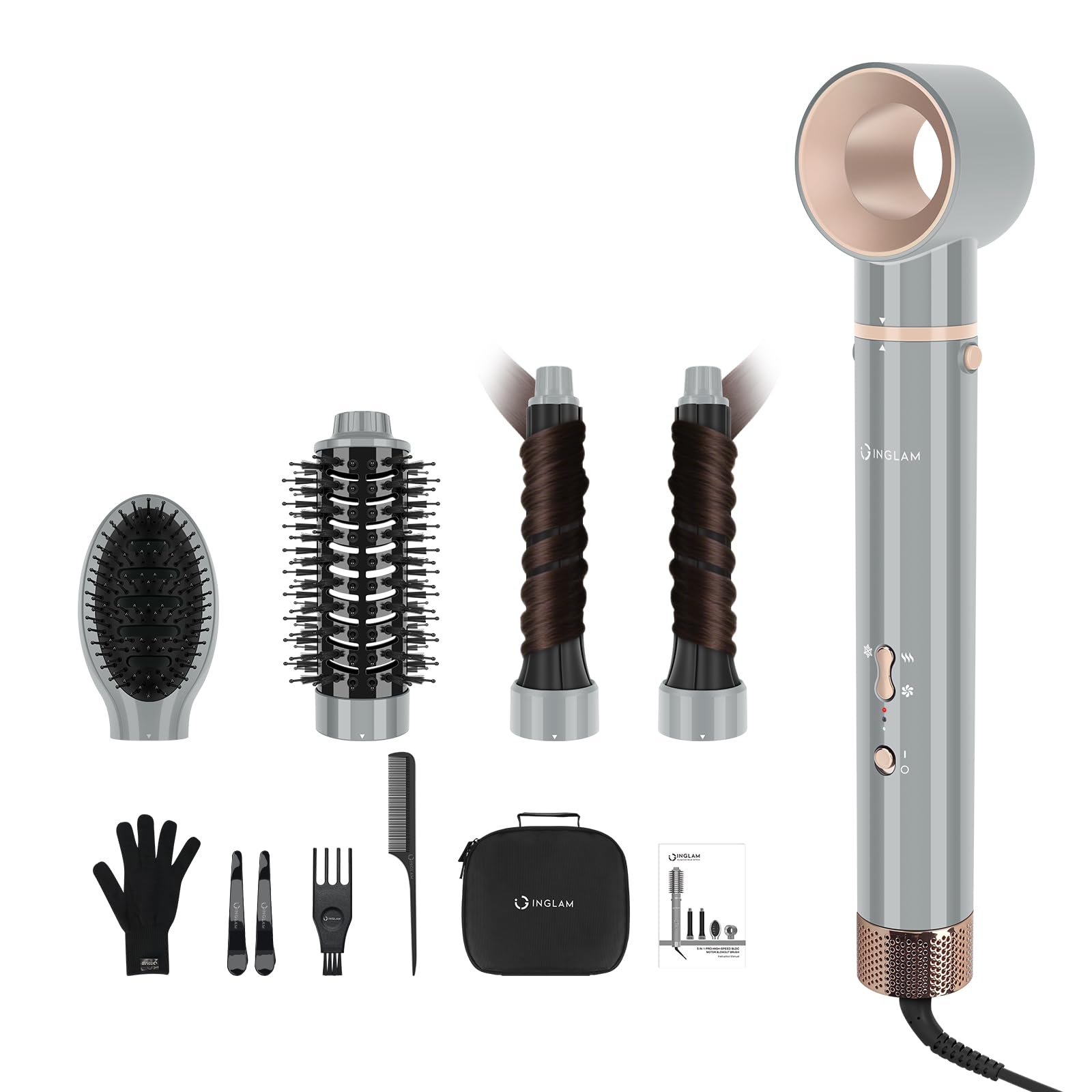 Photo 1 of 5 in 1 Blow Dryer Brush IG INGLAM MegaAir Hair Styler Brushless Hair Dryer Brush Left/Right Air Auto-Wrap Curler Hot Air Brush Negative Ions No Heat Damage Frizz-Free Drying Curling Straightening,Gary