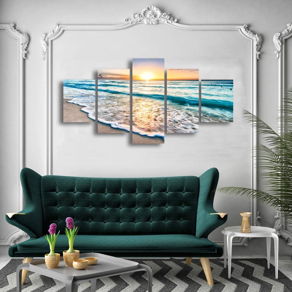 Cao Gen Decor Art-S58839 5 panels Blue Beach Sunrise White Wave Pictures Painting on Canvas Wall Art Modern Framed Seascape Giclee Canvas Prints for Home Office Decorations Large Artwork