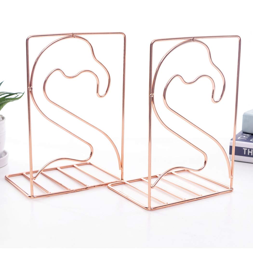 SIPLIV Creative Minimalist Style Bookends Metal Adjustable Books Holder Stand Book Rack Desk Bookend - Flamingo, Rose Gold