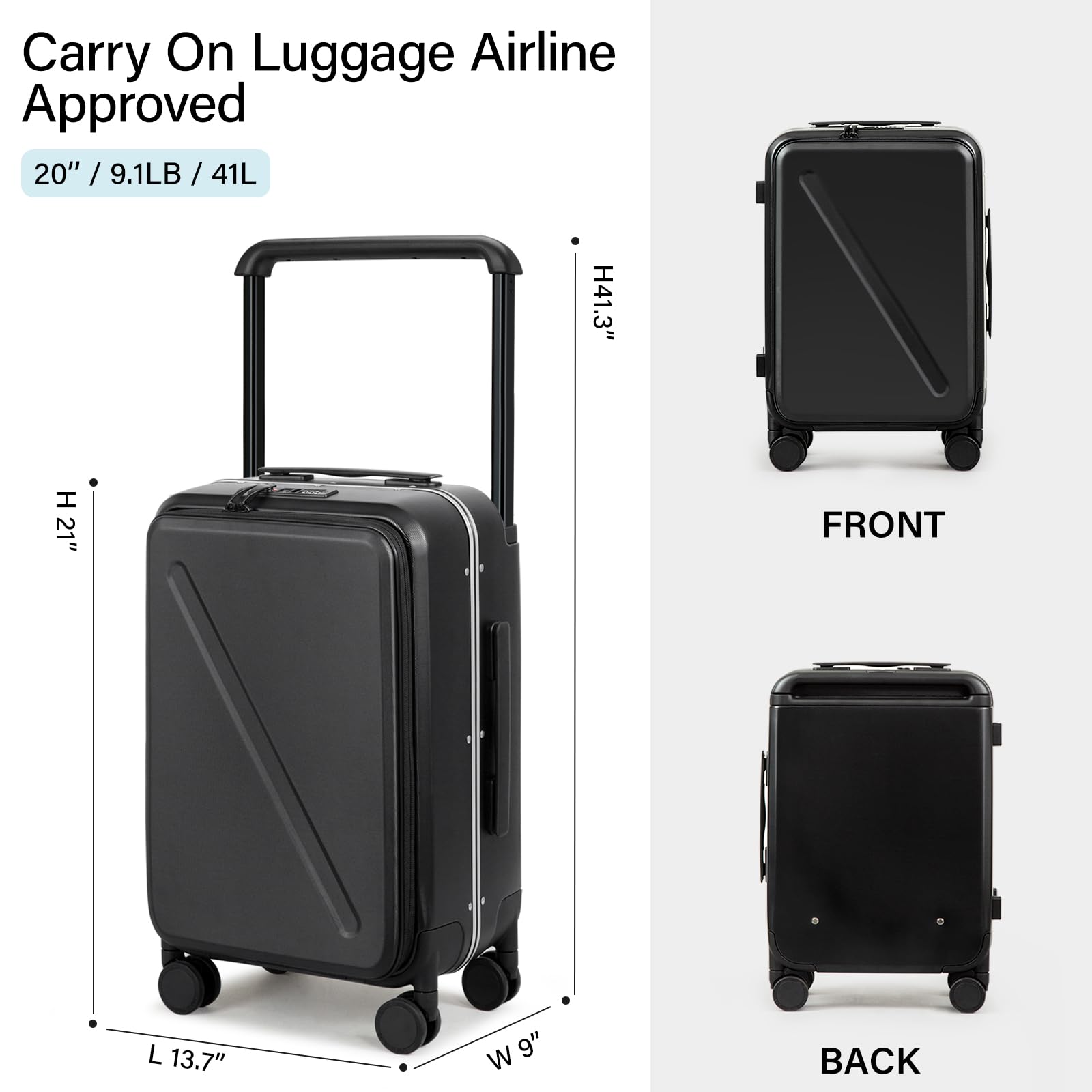 MILADA Luggage Hard Shell Suitcases Airline Approved Carry On Luggage 22x14x9 TSA Approved Luggage 20 Inch Front Opening Pocket Wide Handle Suitcase with Wheels Travel Luggage, Black