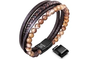 Speroto New Mens Bracelet Bead and Leather Braided, Lava and Onyx Bead Leather Bracelet for Men