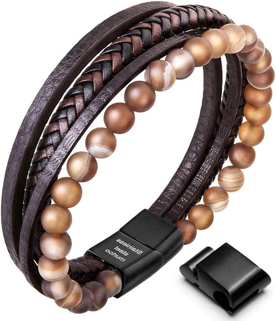 Amazon Speroto メンズ ブレスレット ビーズとレザー編み 溶岩とオニキスビーズ レザーブレスレット メンズ ブラウン ブレスレット 通販